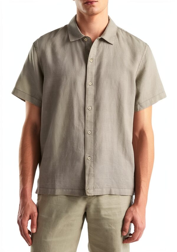 Benetton camicia uomo lino cotone verde oliva regular fit-4