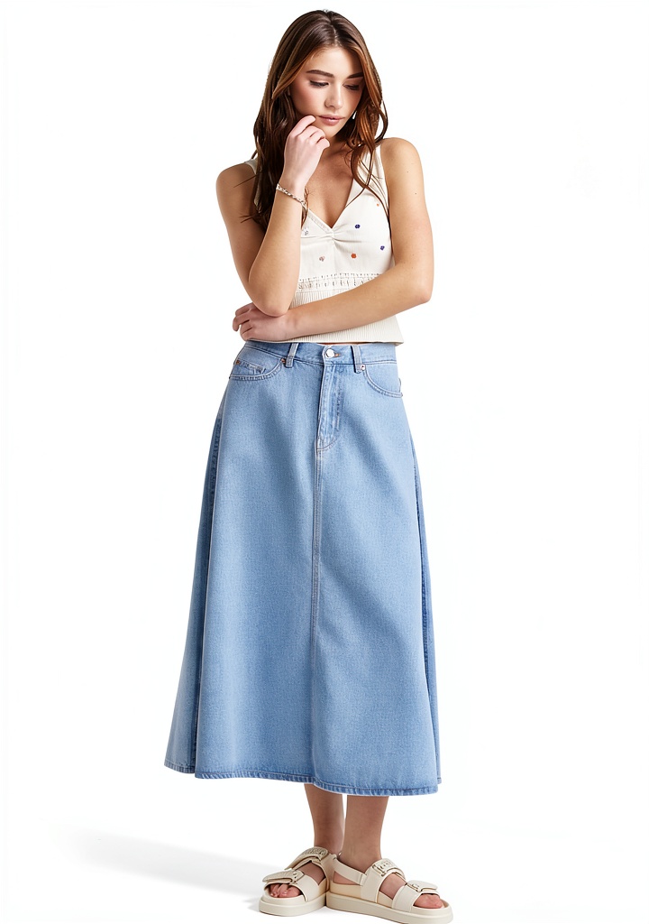 Modella che indossa la gonna denim Benetton in un ambiente urbano