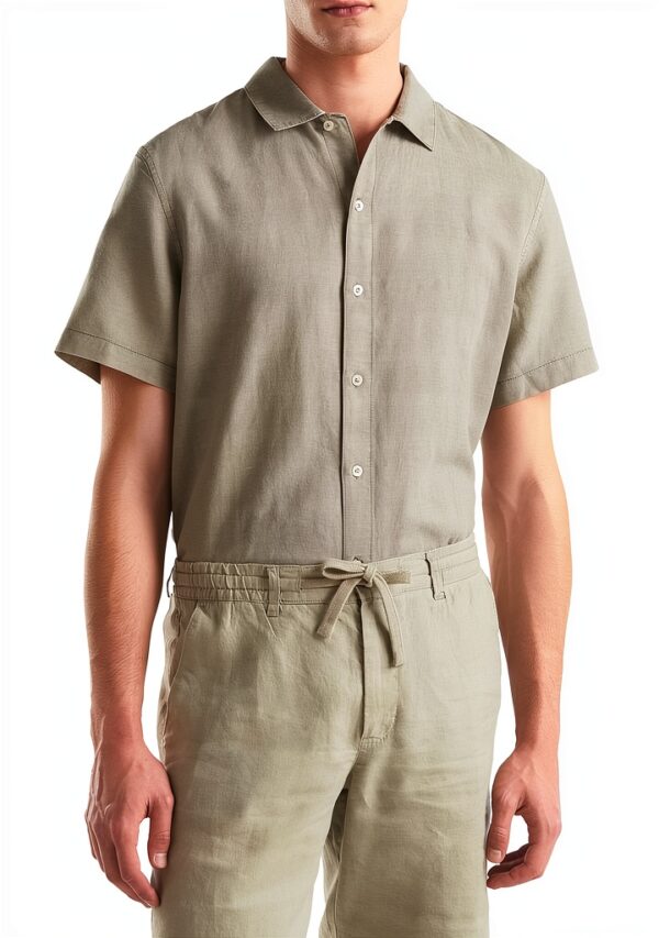 Benetton camicia uomo lino cotone verde oliva regular fit-3