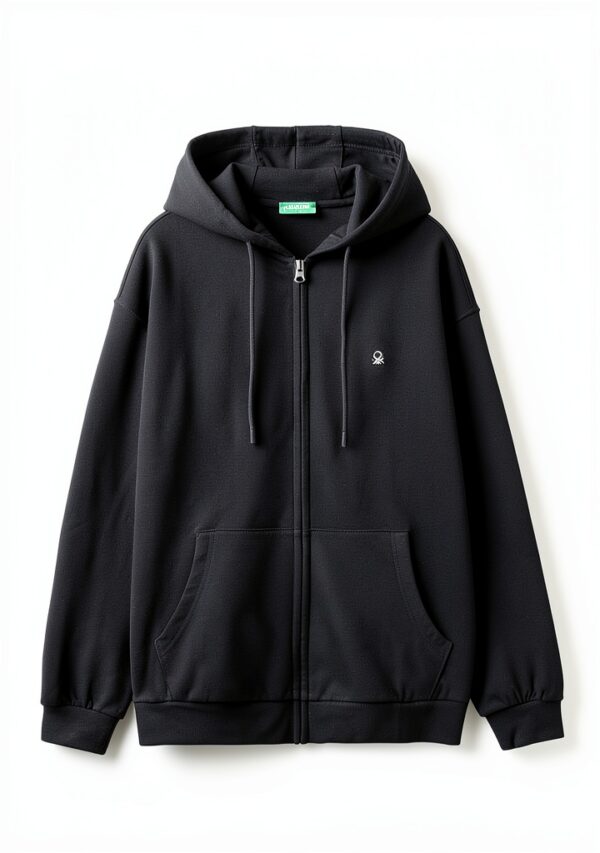 Felpa Uomo Benetton Zip Cappuccio Cotone Organico Nero Blu-1