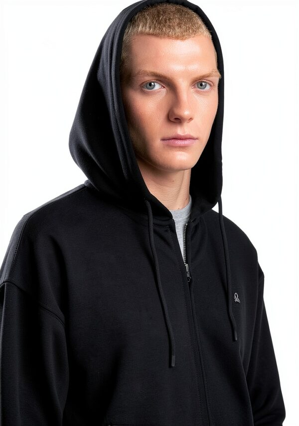 Felpa Uomo Benetton Zip Cappuccio Cotone Organico Nero Blu-5