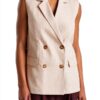 Gilet donna Benetton cotone lino doppiopetto lungo gessato-3