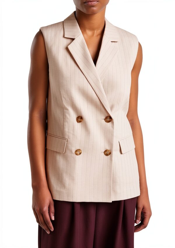 Gilet donna Benetton cotone lino doppiopetto lungo gessato-3