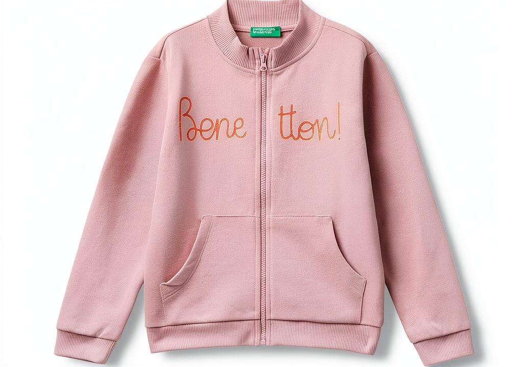 Felpa bambina United Colors Benetton cotone viola glitter indossata da una bambina su un prato verde